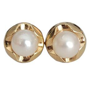14K Yellow Gold Pearl Stud Post Earrings, Cross Design K420